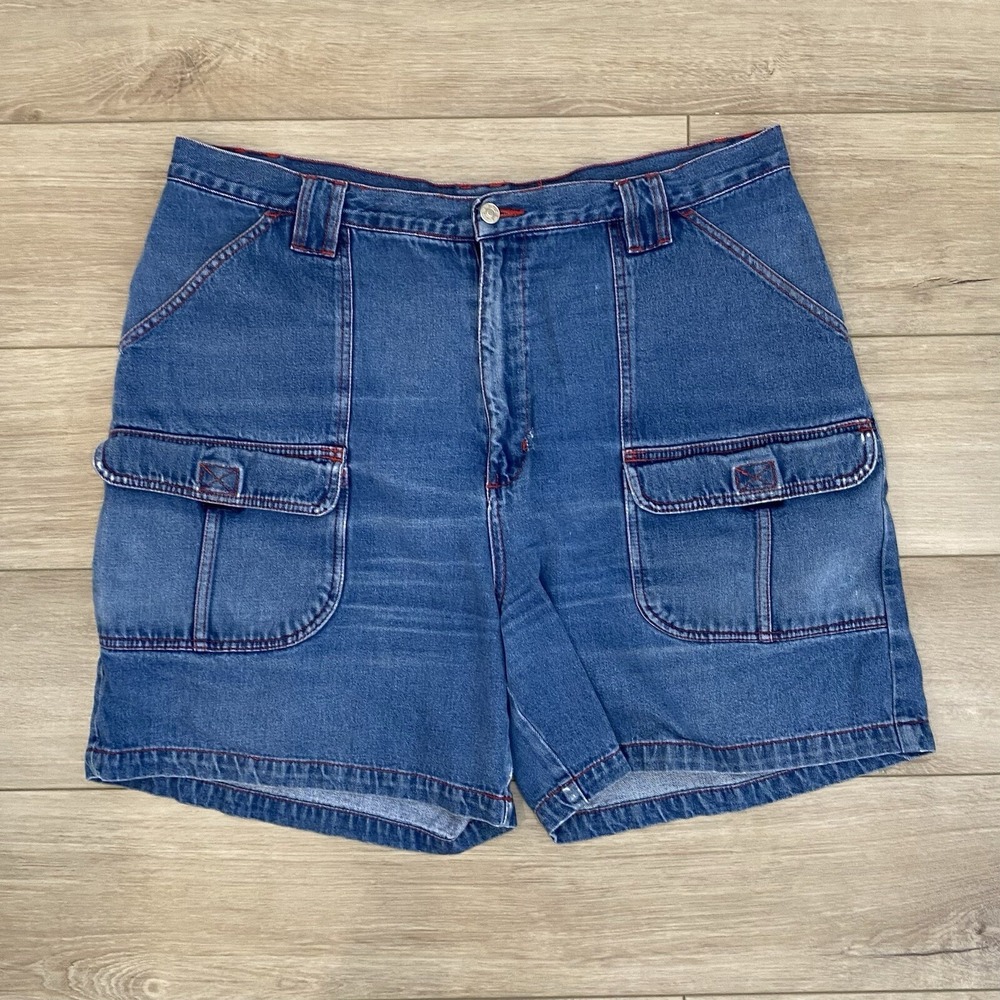 Vintage Caran Jean Shorts Women's 22 Medium Wash Denim Red Accent Cargo Pockets